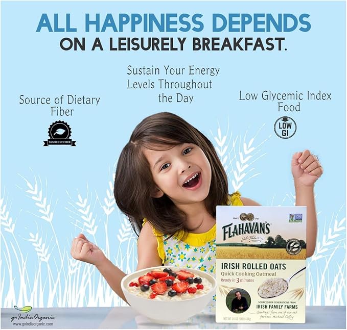 Flahavan’s Irish Rolled Oats 16 Ounce. Quick Cooking Oatmeal Ready in 3 Minutes. 100% Whole Grain Oats Non-GMO Verified Field to Spoon [Pack of 3]