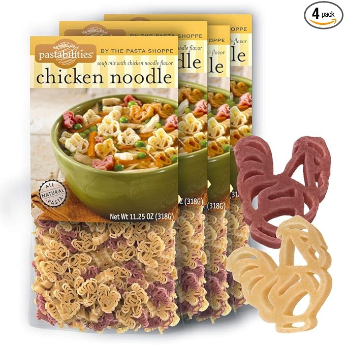 Pastabilities Fun Shaped Pasta for Kids - Chicken Shaped with Chicken Soup Mix - Animal Theme Non-GMO Natural Wheat Pasta All-Natural Kosher Certified Made in the USA (4 Pack 11.25 Oz)