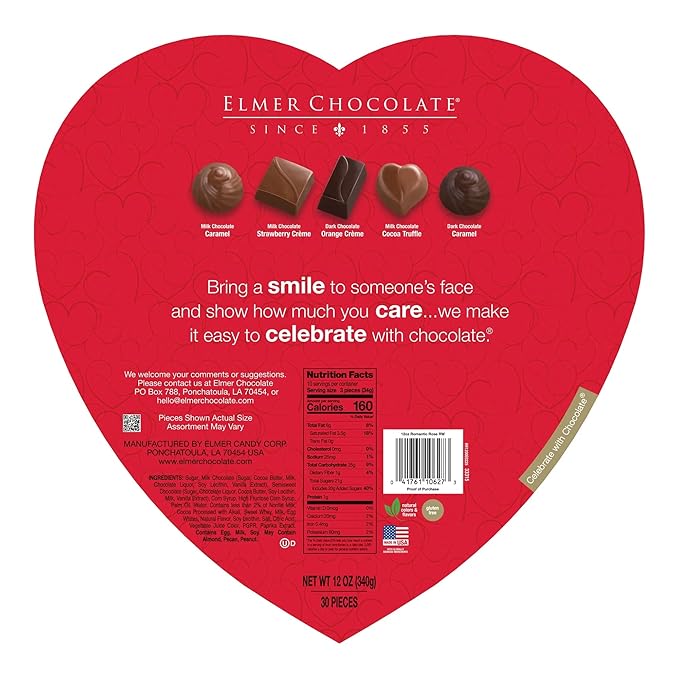 Elmer Chocolate Red Rose Wrap Heart Shaped Box - 12 oz - 30 Pieces - Perfect for Valentine's Day and Giving to that Special Someone