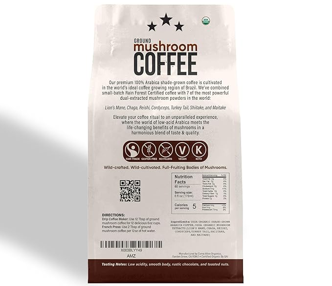 La Republica Ground Mushroom Coffee Organic Fair Trade Arabica with Superfood Mushrooms (Medium Roast 60 Servings)