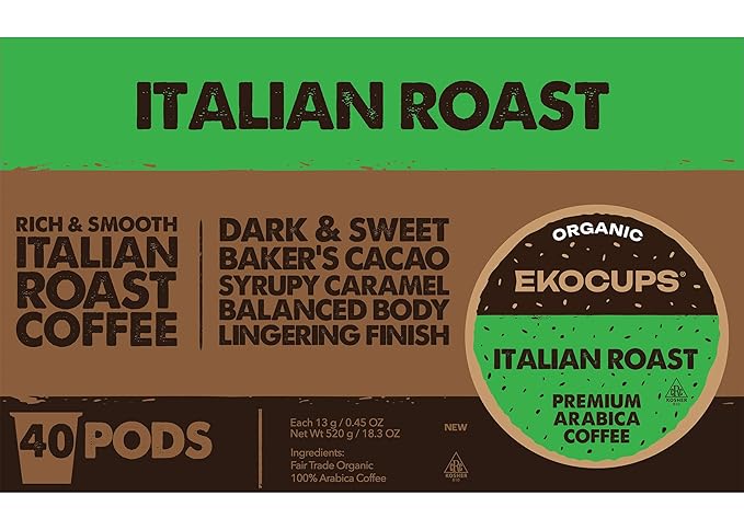 EKOCUPS Organic Italian Roast Coffee Pods Extra 30% More Coffee Per Cup Artisan Fair Trade Dark Roast Italian Roast for Keurig K Cup Machines Recyclable Pods 40 Count