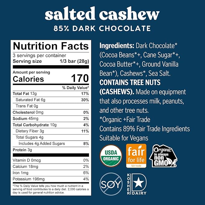 Theo Chocolate Salted Cashew Organic Dark Chocolate Bar 85% Cacao 6 Pack | Vegan Fair Trade