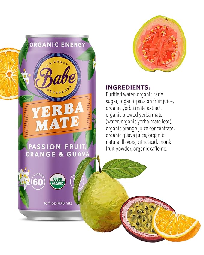 Babe Organic Yerba Mate Energy Drinks | 150mg Plant-Based Caffeine | Natural Yerba Mate Tea with No Crash No Jitters - Sample Pack (6 x 16oz Cans)