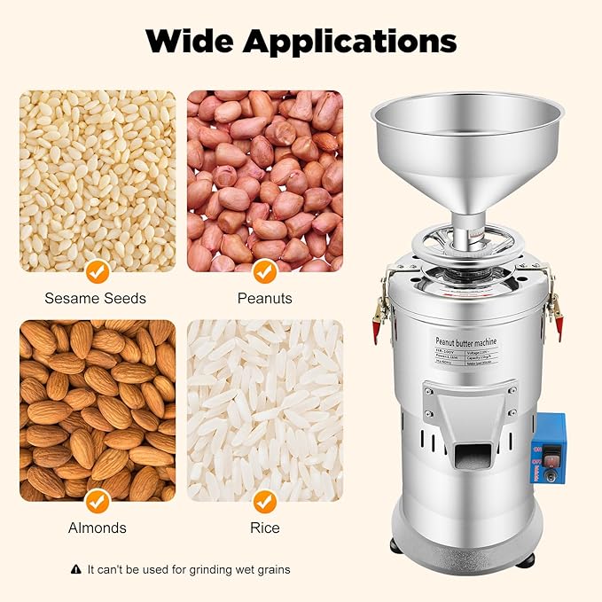 Peanut Butter Machine1100W Commercial Nut Butter machine 33lbs/h Sesame Sauce Grinder Nut Butter Maker Stainless Steel &amp Aluminum Electric Grinding Maker for Soy Milk Sesame Paste