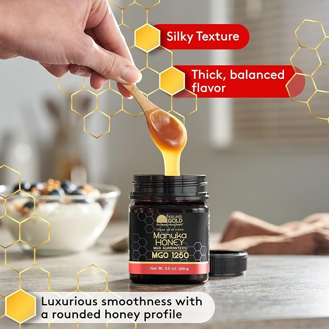 Nature’s Gold Raw Manuka Honey Certified High MGO | Authentic MGO 100% Pure Genuine Traceable Hive to Home | MGO 1250+ Flavor | 3.5 Ounce (Pack of 1) Size