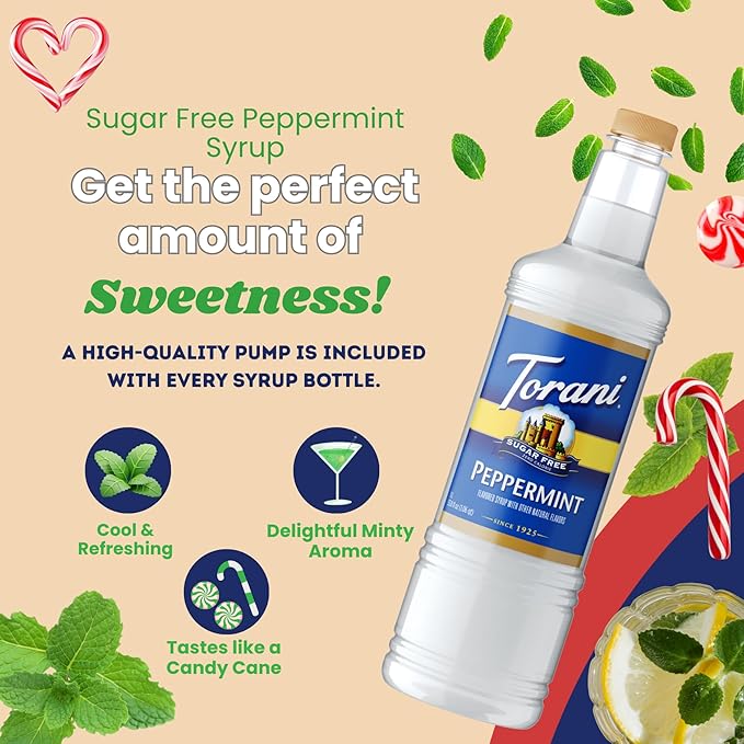 Torani Sugar Free Peppermint Syrup 1 Liter Bottle with Pump Dispenser – Zero Sugar Zero Calories Keto Friendly Gluten Free Mint Flavor for Coffee Lattes Cocktails and Holiday Drinks