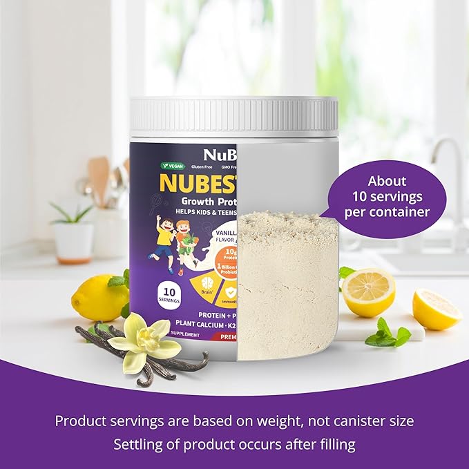 NuBest Tall Vanilla Plant-Based Protein Powder for Kids &amp Teens - Healthy &amp Immunity with Probiotics Omega 3-6-9 Vitamin D3 + K2 Calcium &amp Vitamins - 10 Servings | 2 Week Supply