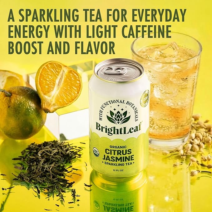 BrightLeaf Citrus Jasmine Sparkling Tea with Functional Benefits for Light Energy – Regenerative Organic Lightly Caffeinated Functional Tea Zero Sugar Zero Calories Zero Sweeteners – 12oz Cans 12