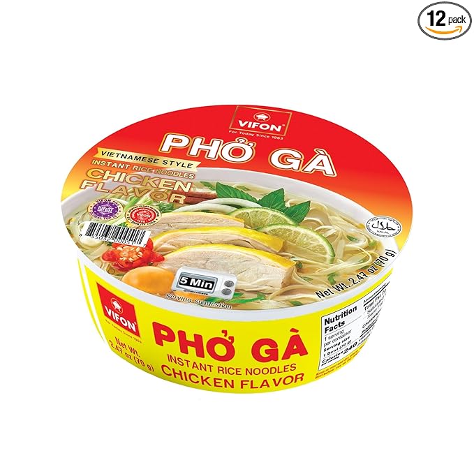 VIFON Phở Gà Instant Rice Noodles Chicken Flavor Bowl (70 g) (Pack of 12) | Authentic Vietnamese Chicken Pho | Halal Certified | Ready in 3 Minutes | Product of Vietnam