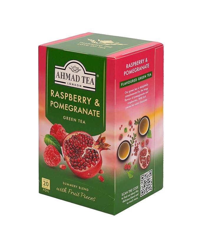Ahmad Tea Foil-Enveloped Teabags Green Tea Raspberry &amp Pomegranate 20Count (Pack Of 6)
