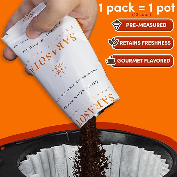 Butter Pecan Coffee Packs – Southern Texas Flavored Ground Coffee Packets | Gourmet Medium Roast Low Acid Mold Free | Pre-Measured 2.5 oz Single-Pot Fractional Packs for 12 Cup Brewers 36 Count – S