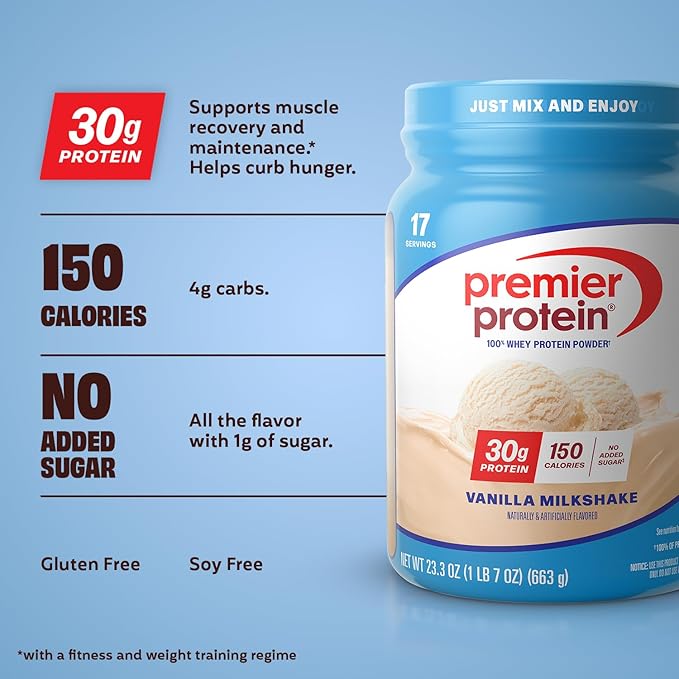 Premier Protein Powder Vanilla Milkshake 30g Protein 1g Sugar 100% Whey Protein Keto Friendly No Soy Gluten Free 23.3 oz (17 Servings)