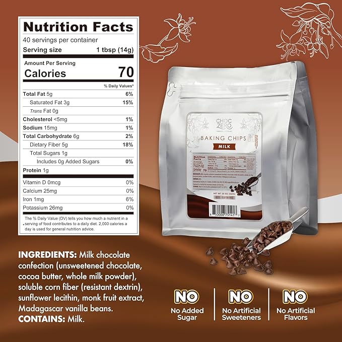 ChocZero Milk Chocolate Chips No Added Sugar Keto &amp Low Carb Gluten Free No Sugar Alcohols 20 oz Bag for Baking &amp Desserts