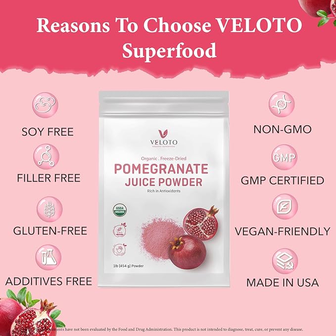 Organic Pomegranate Juice Powder Pure Pomegranate -Fruit Freeze Dried Powder Natural Vitamin C Vegan Sweetener Superfoods for Smoothies Yogurt &amp Shake Gluten Free Non GMO 1 lb