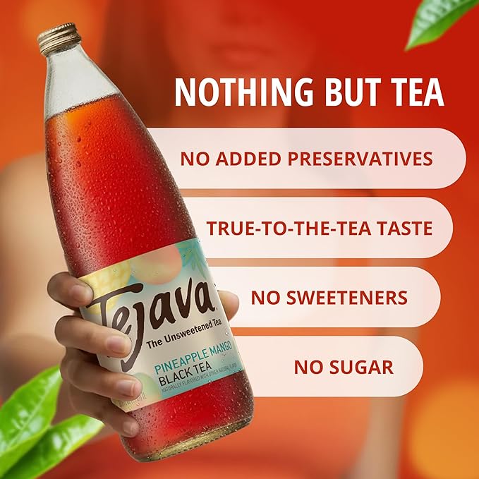 Tejava Pineapple Mango Black Iced Tea 12 Pack 1 Liter Glass Bottles Unsweetened Non-GMO Kosher No Sugar or Sweeteners No calories No Preservatives Brewed in Small Batches