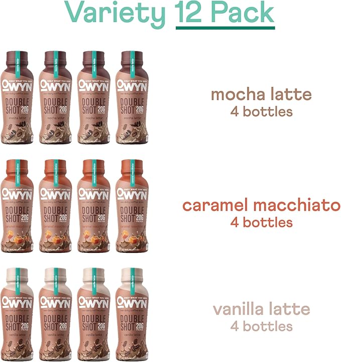 OWYN Only What You Need Double Shot Mocha Latte Vanilla Latte and Caramel Macchiato Flavored Protein Shake 20g Protein 0g Sugar 3g Fiber 180mg Caffeine Dairy Free Plant Based Protein 12 CT