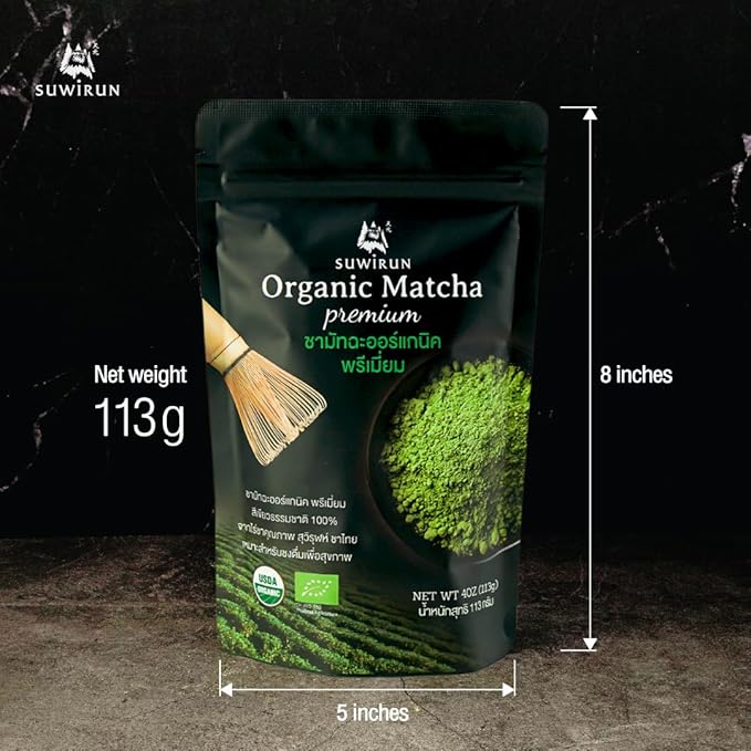 Suwirun Organic Pure Matcha Powder 4oz – Authentic Japanese Green Tea – Unsweetened Umami-Rich Superfood – Perfect for Lattes Baking &amp Smoothies