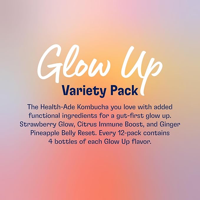 Health-Ade Kombucha Tea Organic Drink Fermented Tea with Living Probiotics Detoxifying Acids Supports Gut Health Non-GMO Vegan Gluten Free 12 Pack (16 Fl Oz Bottles) Glow Up Variety Pack