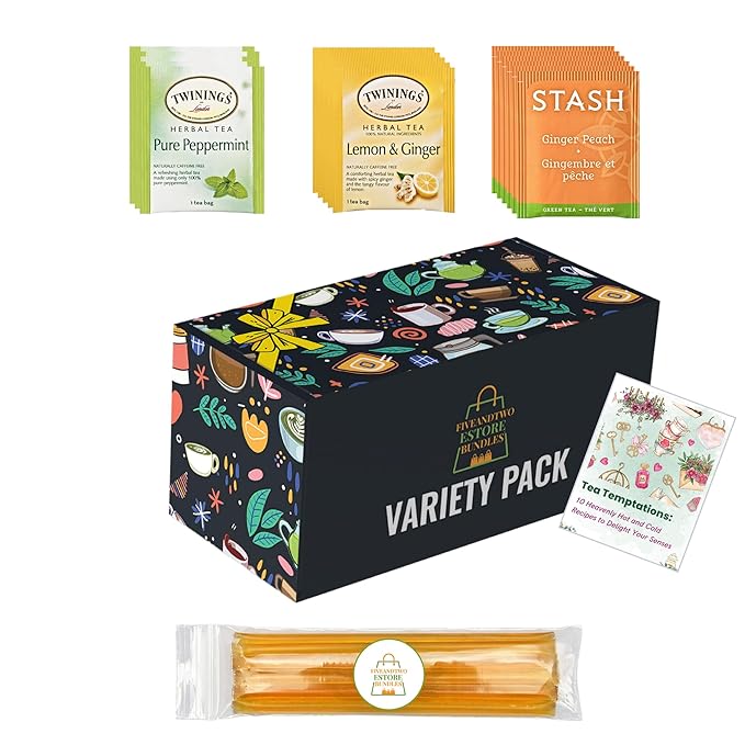 Ultimate Cold Buster Variety Set: Lemon Ginger Peppermint &amp Peach Ginger Tea Bags - 60 pcs with Honey Sticks &amp Recipe eBook