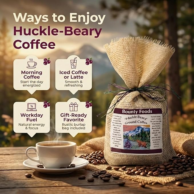 Montana Huckleberry Dessert Ground Coffee - 12 oz Rustic Western Style Burlap Bag from Bounty Foods All Natural Enjoy this Brew as an American Breakfast Essential (HKCof)