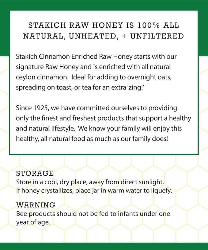 Stakich Cinnamon Enriched Raw Honey - Unprocessed Unheated - 5 Pound (80 Ounce)
