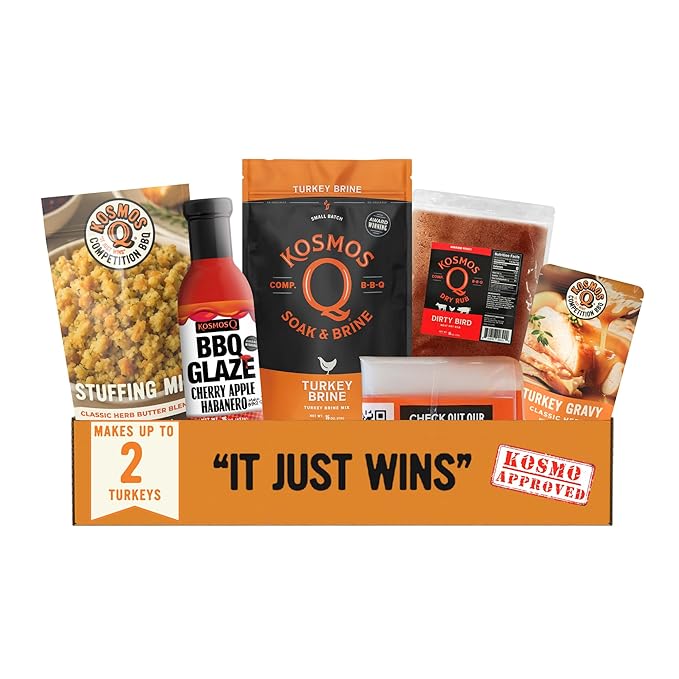 Kosmos Q Ultimate Turkey Brine Kit With Brine and Brining Bag Dirty Bird Rub Cherry Apple Habanero BBQ Glaze Gravy and Stuffing Bags &amp Recipe Card Full Set for Cooking or Smoking Holiday Meal