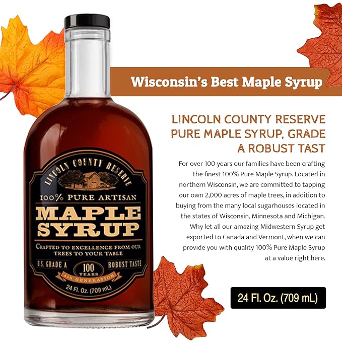 Lincoln County Reserve 100% Pure Maple Syrup with Robust Taste - 100% Pure Artisan Maple Syrup - Made in the USA 24 oz Glass Bottle 3 Pack