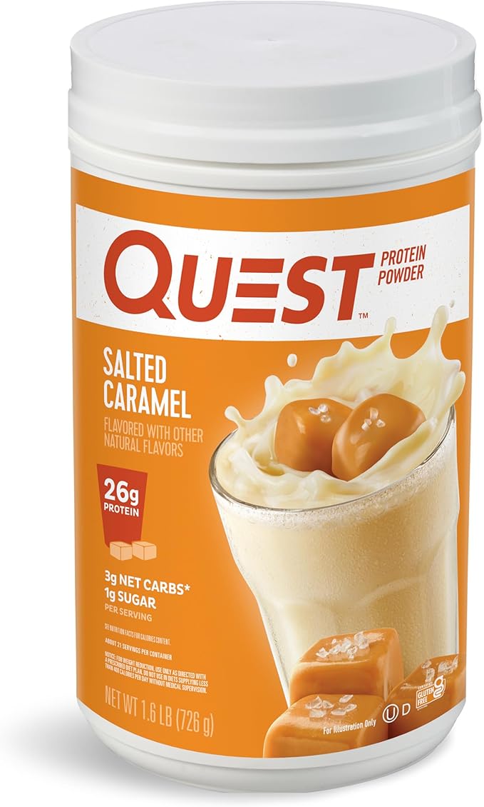 Quest Nutrition Vanilla Milkshake Protein Powder 24g of Protein 1g of Sugar 1.6 Pound 23 Servings &amp Salted Caramel Protein Powder 26g Protein 1g Sugar Low Carb Gluten Free