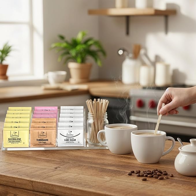 Sweetmo Sugar Packets Variety Pack - Sucralose Raw Sugar Saccharin Cane Sugar with Wooden Stirrers - 400 Count for Coffee Tea Office Breakrooms Home &amp Airbnb