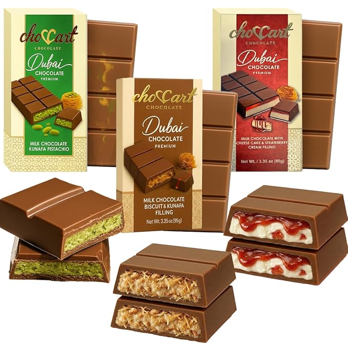 Dubai Chocolate Bar Variety Pack – Pistachio Kunafa Lotus Oreo Angel Hair &amp Strawberry Cheesecake Chocolate Gift Box | Assorted Gourmet Middle Eastern Chocolates (Full Size 3 Pcs Set)