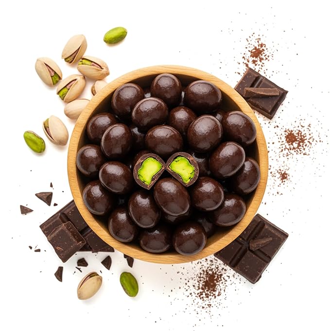 NY Spice Shop Dark Chocolate Covered Pistachios Candy - 8 Ounce Chocolate Pistachio Candy Candies - Gourmet Nuts Bites Movie Night Snacks - Nut Treats Snacks Variety Pack - Sweet Pistachio Candies