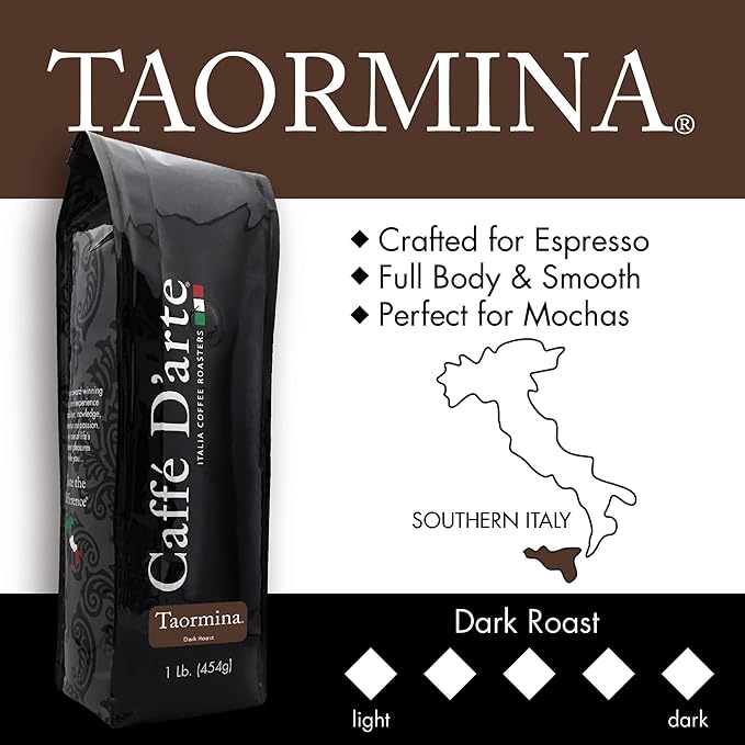 Caffe D’arte Taormina Whole Bean Espresso Coffee – Italian Roast Full-Bodied and Smooth Flavor Roasted in Seattle Perfect for Espresso Cappuccinos and Mochas 1 lb