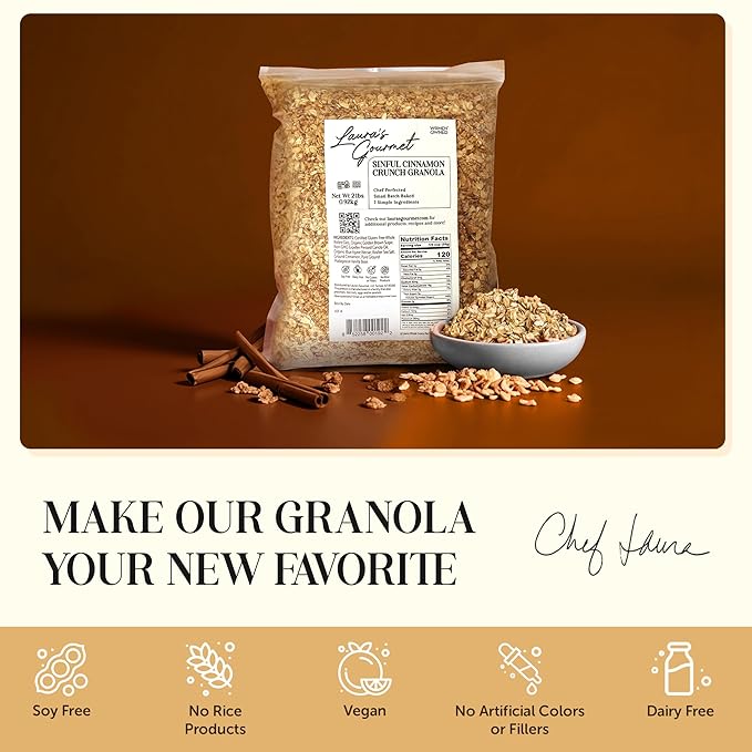 Laura's Gourmet Granola - Sinful Cinnamon Crunch - Gluten Soy &amp Dairy Free - Organic Agave Cinnamon &amp Pure Ground Vanilla Vegan Artisan Chef's Trifecta of Taste Texture &amp Mouthfeel -