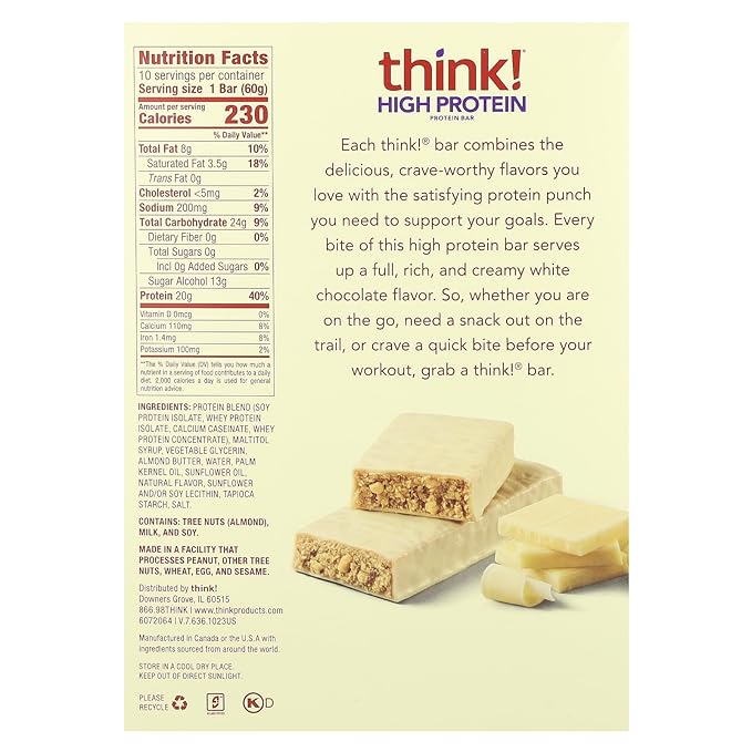 Think ! High Protein Bars White Chocolate 10 Bars 2.1 oz (60 g) Each