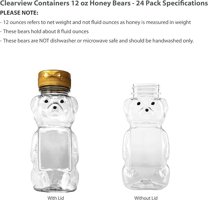 12 Ounce Clear Plastic Squeezable Honey Bears with Sealable Flip Top Lids - BPA Free Hand Wash Only (Gold 24 Pack)