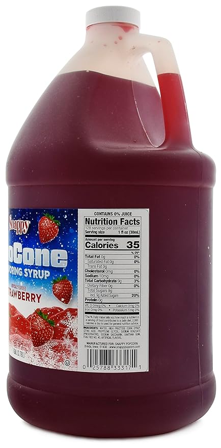 Snappy Strawberry Sno Cone Syrup 1 Gallon (128 ounces) Size Ready to Use For Snow Cone Machines Flavored Syrup for Shaved Ice 14 Snow Cone Flavor Options
