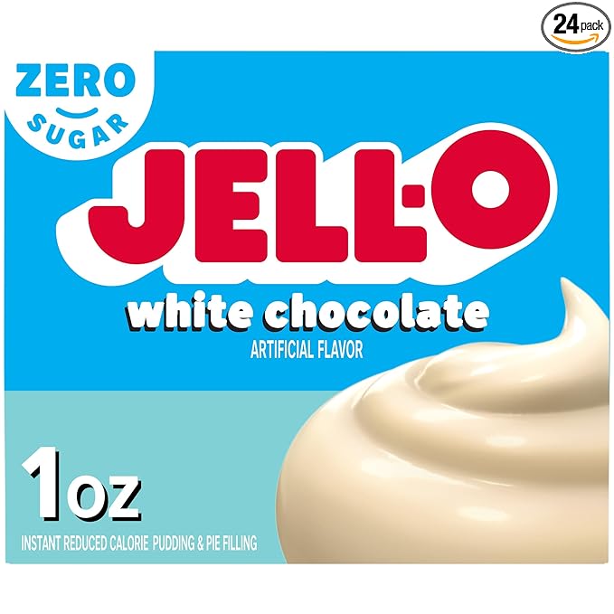 Jell-O Zero Sugar Instant Pudding &amp Pie Filling Mix White Chocolate Flavor Sugar Free &amp Fat Free Reduced Calorie Dessert for Baking Pies &amp No-Bake Recipes 1 oz (Pack of 24)