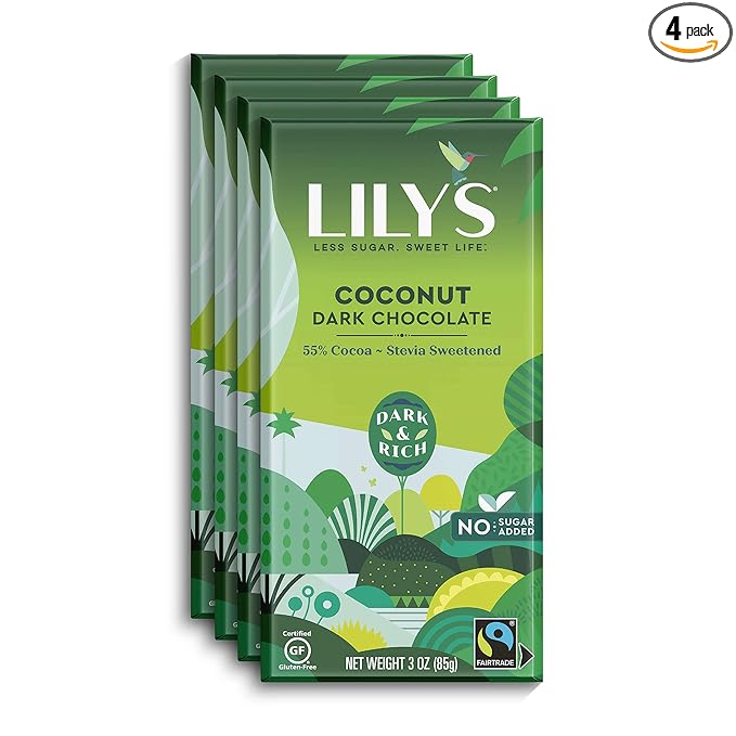 Lily's by Stevia Sweetened No Added Sugar Low-Carb Keto Friendly 55% Cocoa Fair Trade Gluten-Free &amp Non-GMO 3 4-Pack Coconut Dark Chocolate Bar 12 Oz