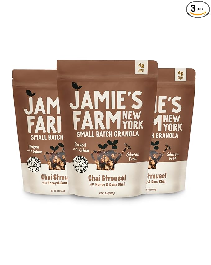 Jamie's Farm New York Chai Streusel Granola w/Honey (3 pcs) - Gluten Free Organic Cereal Low Sugar | Baked w/Grass-fed Ghee Clarified Butter Chai Mix Gluten Free Snack - 8oz/pcs