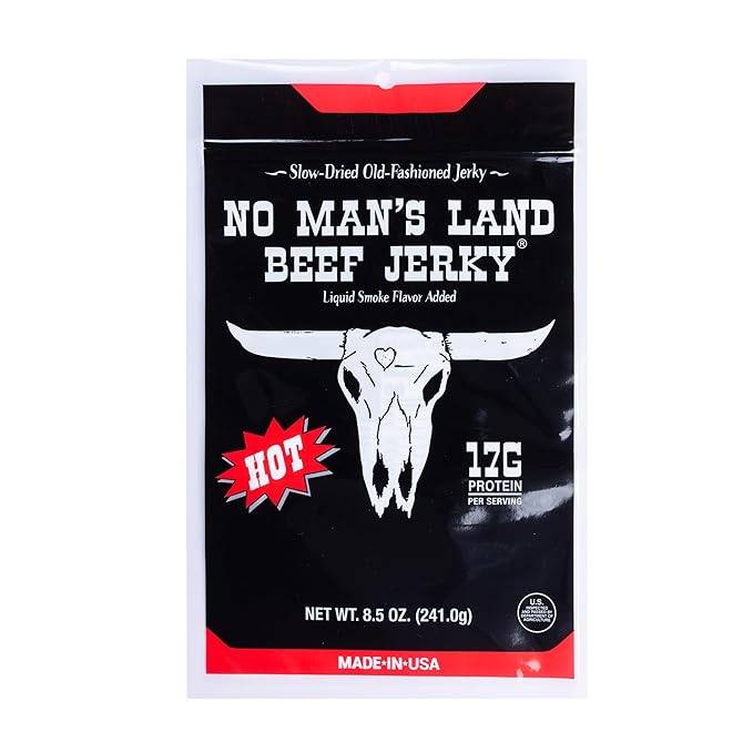 No Mans Land Premium Beef Jerky | 17G High Protein Low Carb Low Calorie Beef Snack | Slow-Dried Smoked &amp Seasoned Jerky Strips | HOT 8.5oz Bag