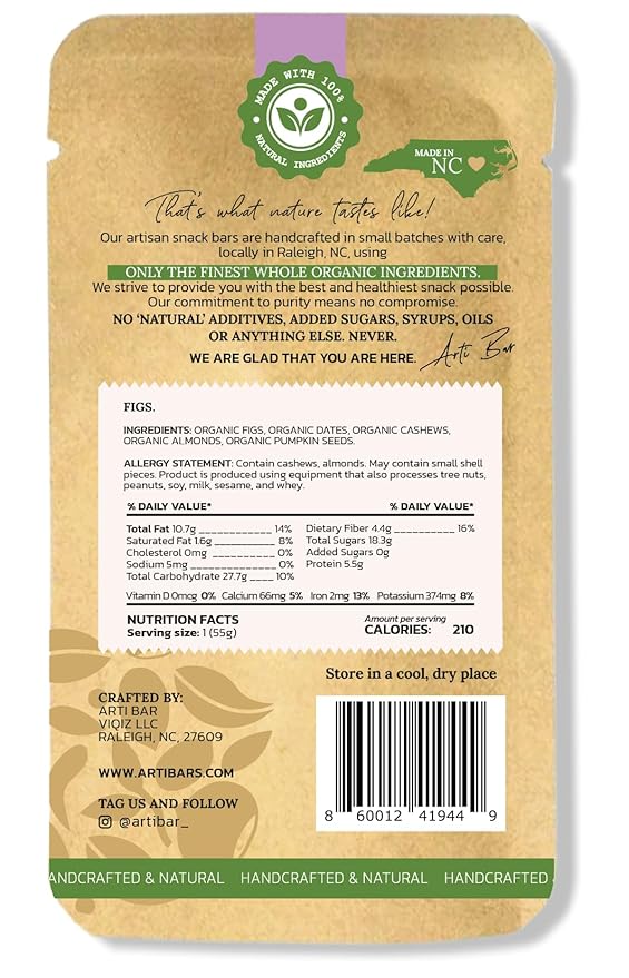 Arti Bar – Fig | Whole Food Energy Bar | Vegan Gluten-Free No Added Sugar Clean Ingredients | Plant-Based Healthy Snack