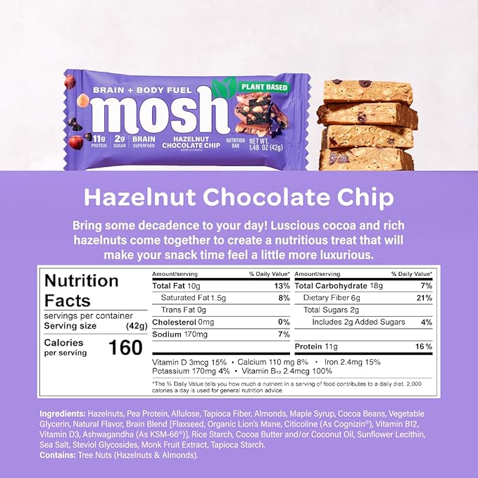 MOSH Hazelnut Chocolate Chip &amp Chocolate Chip Cookie Vegan Protein Bars Bundle Plant Based Keto Gluten Free Brain Healthy Snack with Cognizin Ashwagandha and Lion's Mane 24 Count