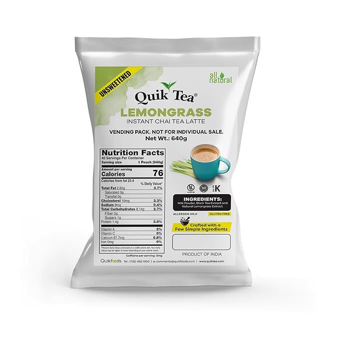 QuikTea Lemongrass Unsweetened Chai Tea Latte - Naturally Caffeine-Light Preservative-Free No Sugar Added – 640g of Perfection Gluten Free Kosher