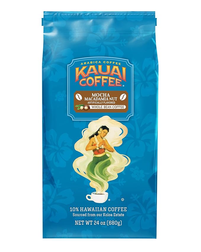 Kauai Coffee Whole Bean Coffee – Smooth Non-Bitter Medium Roast Pure Arabica – Chocolate Flavor and Nutty Aroma – Grown on Hawaii's Largest Coffee Farm – Mocha Macadamia Nut 1 Pack of 10oz