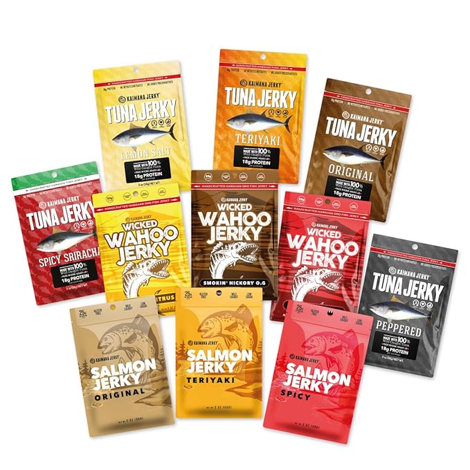 Kaimana Jerky Variety Pack - Ahi Tuna Salmon &amp Wahoo Ono Fish Jerky - All-Natural Wild-Caught Protein-Packed Omega-3 Rich - Made in Hawaii - 11 Bags Great Gift for Dad or Military Care Packag