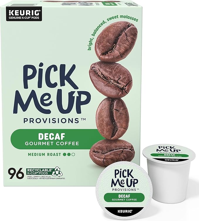 Pick Me Up Provisions Single-Serve Coffee Capsules &amp Pods Medium Roast Decaf 96 Pack K-Cup Compatible Single Serve Coffee Breakroom Office 100% Arabica Coffee