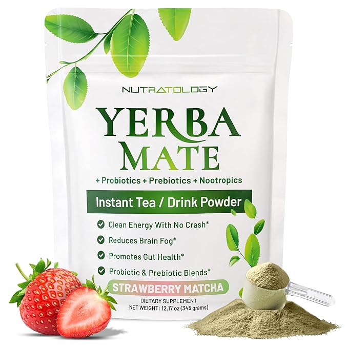 Yerba Mate Instant Tea Powder - 3-In-1 Super Drink - Clean Energy - Formulated With Nootropics To Boost Focus &amp Clarity - With Prebiotics &amp Probiotics To Boost Gut Health | Strawberry Matcha -