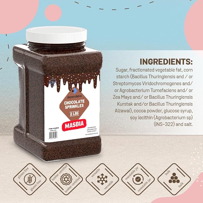 Dependable Food Chocolate Sprinkles - 2 Lb. Bulk Container - Gluten-Free Kosher Brown Jimmies for Cake Decorating Cupcakes &amp More - Resealable Jar