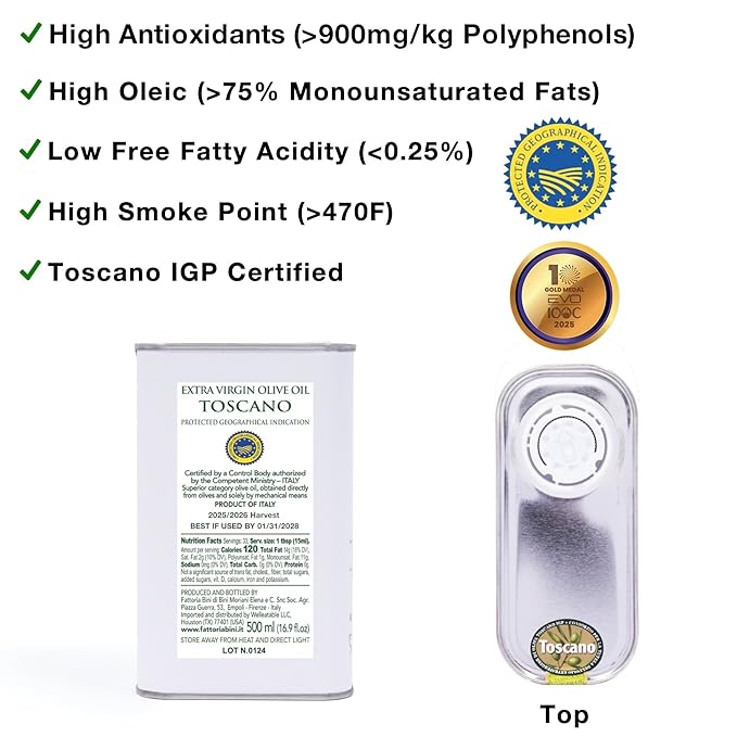 Fattoria Bini Tuscany Extra Virgin Olive Oil from Italy – 2025 Gold Award Winner 900+ mg/kg Polyphenol-Rich Cold-Pressed evoo – No pesticides Versatile for Drinking Cooking &amp Finishing Use