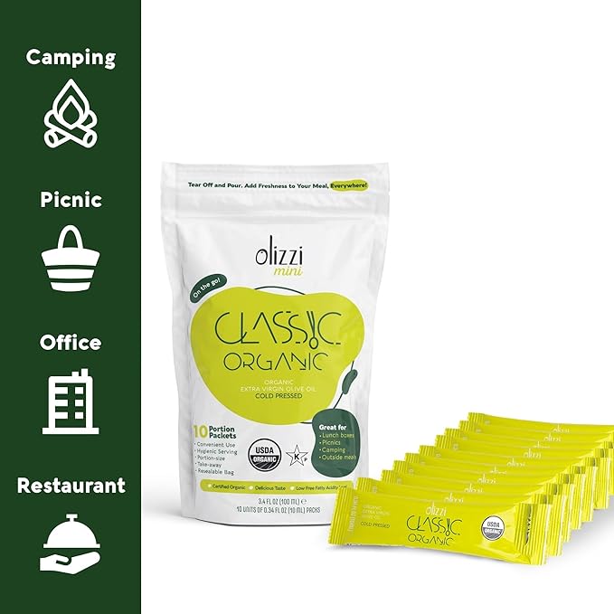 Olive Oil Packets - Olizzi Classic Organic Extra Virgin New Harvest Award Winning Cold Pressed USDA Organic Certified Single Serve Mini Salad Dressing To Go Individual Travel Size 25 Single